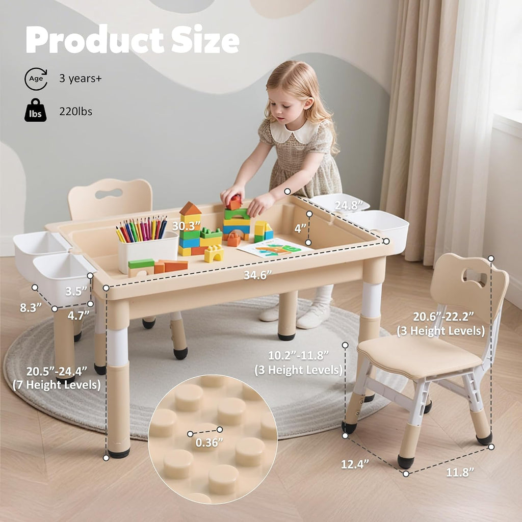 Kids Table and Chairs Set Large Storage, Height Adjustable