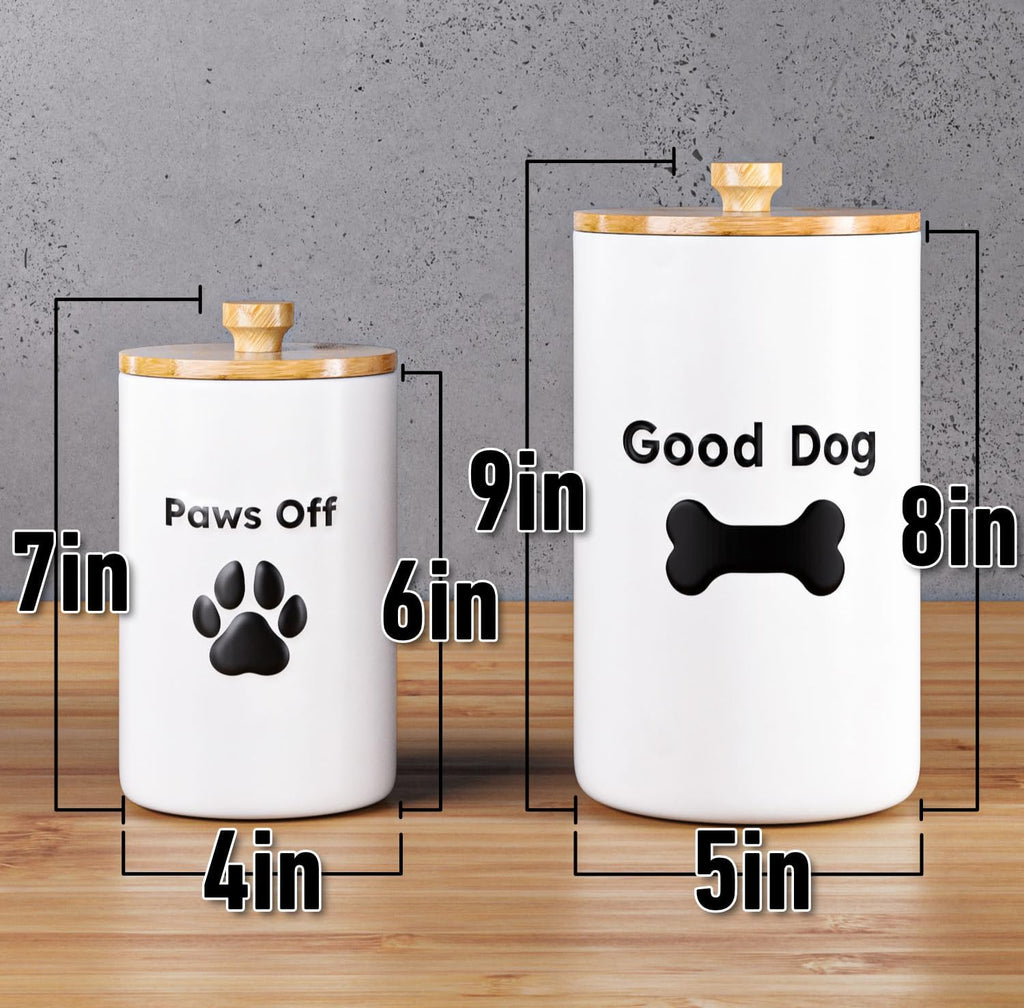 Dog Treat Container Airtight Set of 2, 9x5 & 7x4 inch Ceramic Jars. 11 Cups