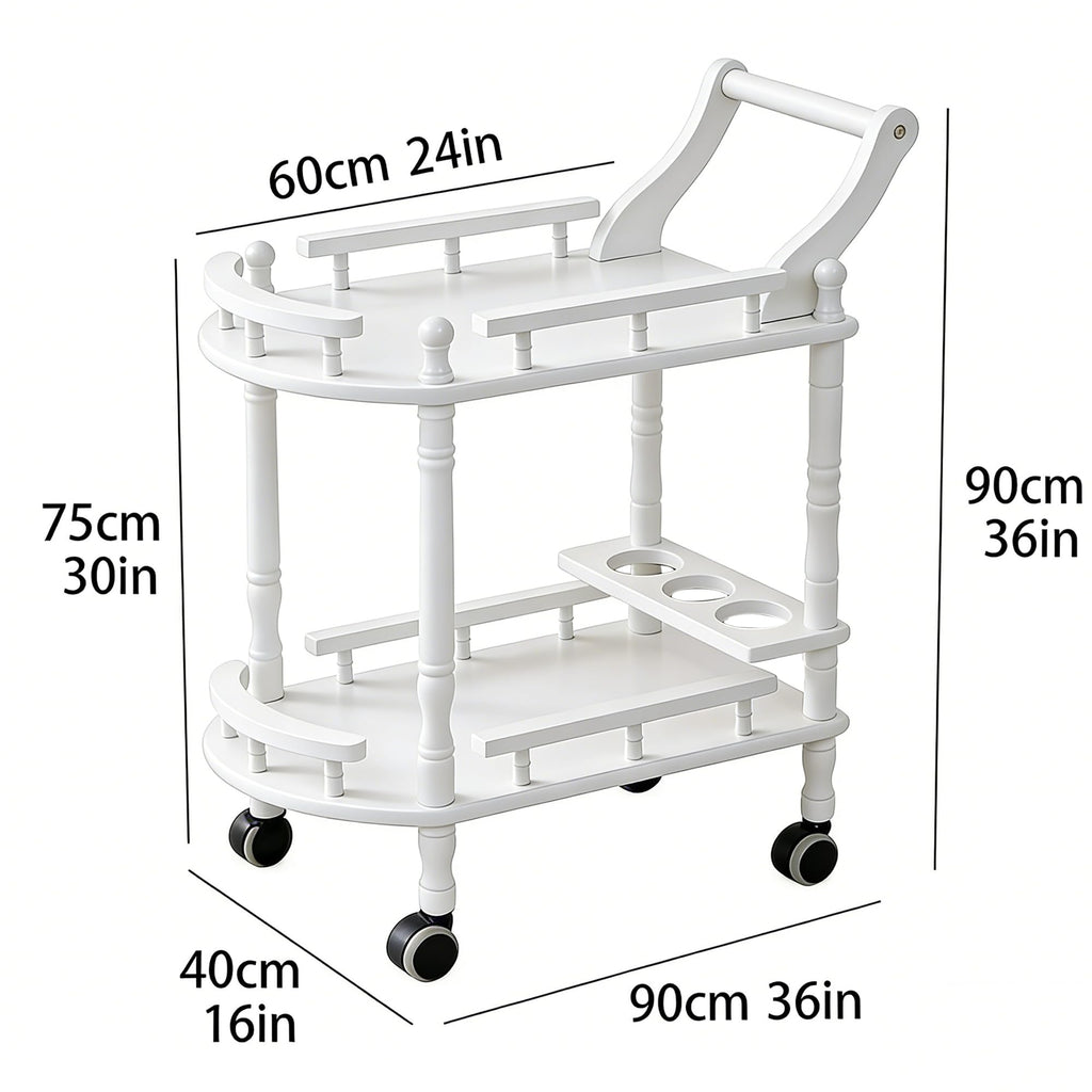 Entertainment Kitchen Cart, Midcentury Modern Imported rubberwood White Finished Wood 2-Tier Mobile Bar Cart Serving