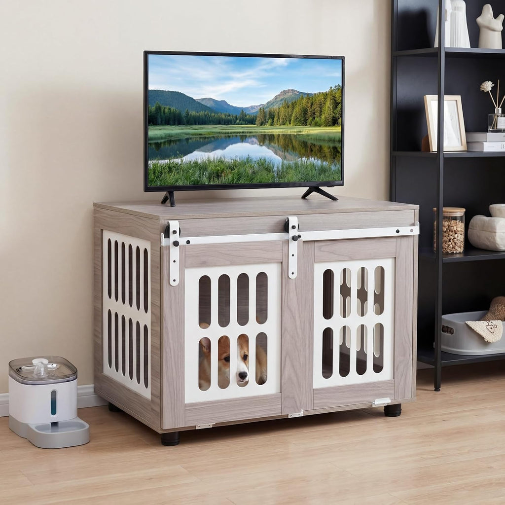 Farmhouse Wooden Dog Crate Furniture with Sliding Barn Door, 31.5-inch Wood Dog Kennel Furniture for Small Dogs, Dog