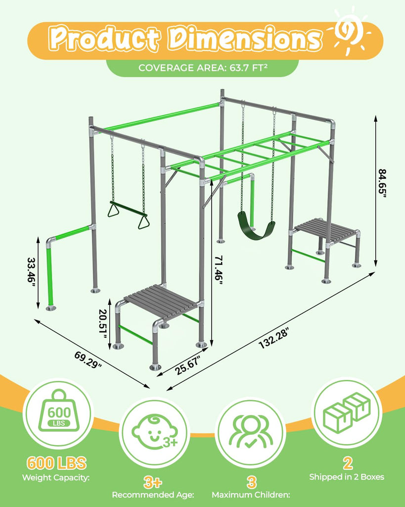 Outdoor Jungle Gym with Monkey Bars Frame, Climbing Set, Trapeze Swing Bar, Belt Swing, Kids Gymnastics Bars