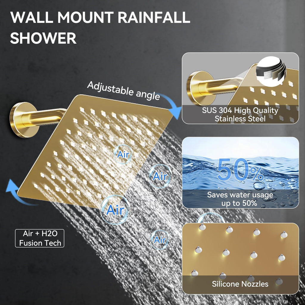 Brushed Gold Shower System with Body Jets, 4 Way Shower Faucet Set with 2 in1 Handheld,Ceiling Mount 12 Inch Shower