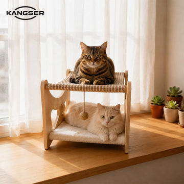 Cat Hammock Bed, 3 in 1 Elevated Bunk Cat Hammock Bed with Sisal Scratching Pad & Soft Plush Cushion, Wooden Cat