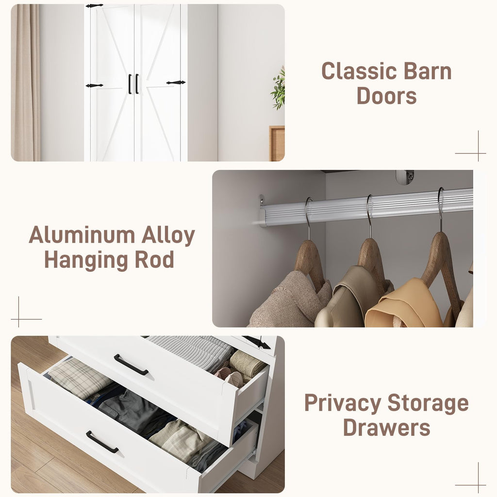 2 Doors Wardrobe Armoire Closet with Doors and Drawers, Farmhouse Wooden Armoire Storage Cabinet with Shelves &