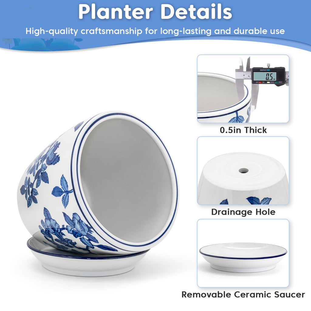 8 inch Ceramic Flower Pots, Chinoiserie Decor Ceramic Planter Plant Pots for Indoor Plants with Drainage and Saucer