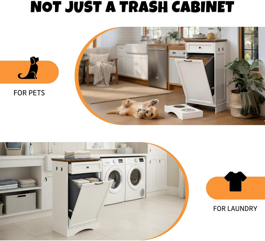 Tilt Out Trash Can Cabinet with Dog Bowl, 10 Gallons Dog Feeding Station with Storage Cabinet, Pet Food Cabinet