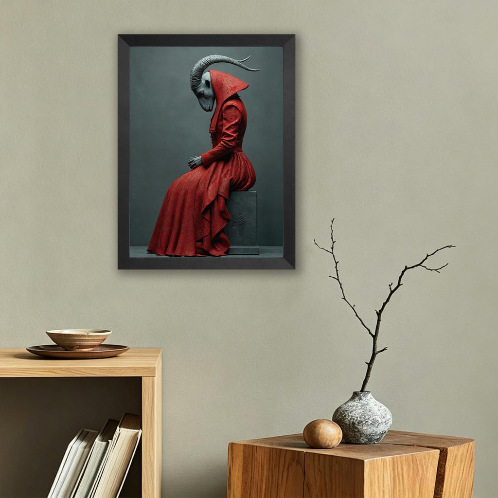 Mystical Goat-Headed Figure in Red Robe Wall Art, Surreal Fantasy Sculpture Print, Dark Gothic Decor for Study or