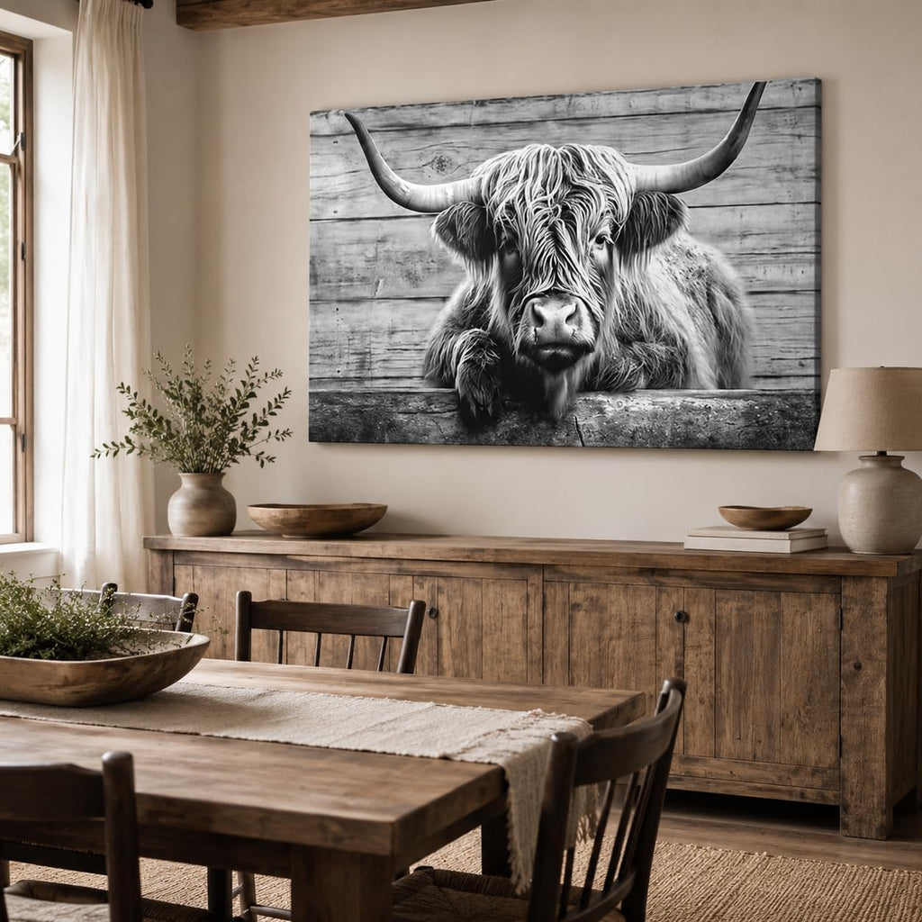 Large Highland Cow Canvas Wall Art Black and White Pasture Hairy Cow Pictures Vintage Wooden Panel Background Cow