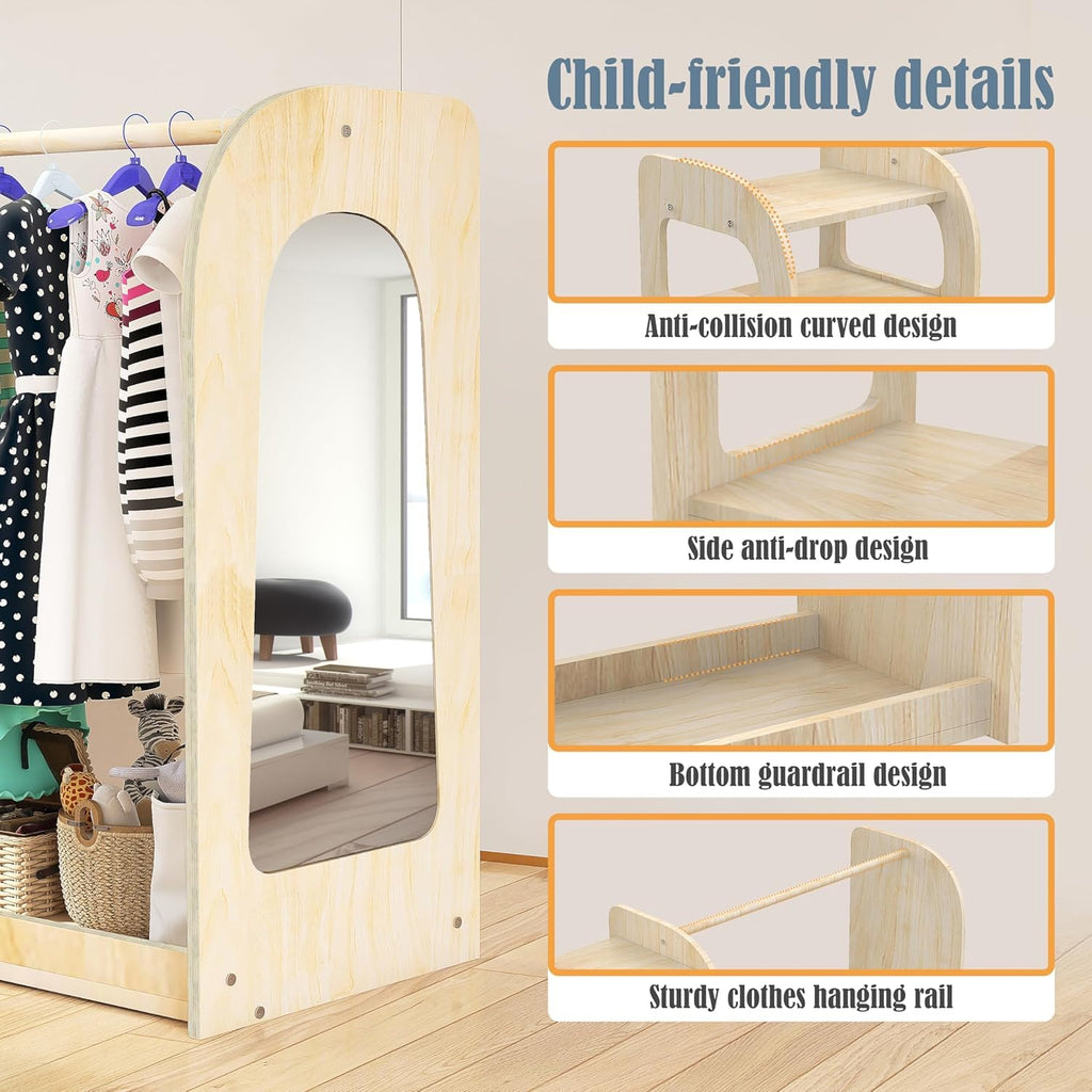 Kids Dress Up Storage with Mirror, Wooden Kids Dress Up Rack for Little Girls and Boys, Kid Wardrobe Closet with
