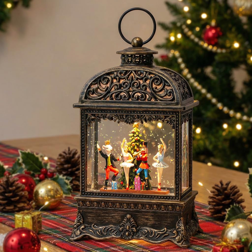 Christmas Snow Globe Lantern with Nutcracker Battles The Mouse King,Lighted Swirling Glittering Snow Globes