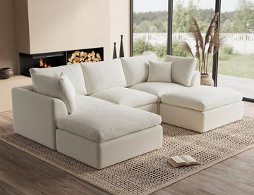 110" Cloud Sectional Couches , Boneless U Shaped Couch with Ottoman, 3 Seater Modular Sectional Sofa, Warm White