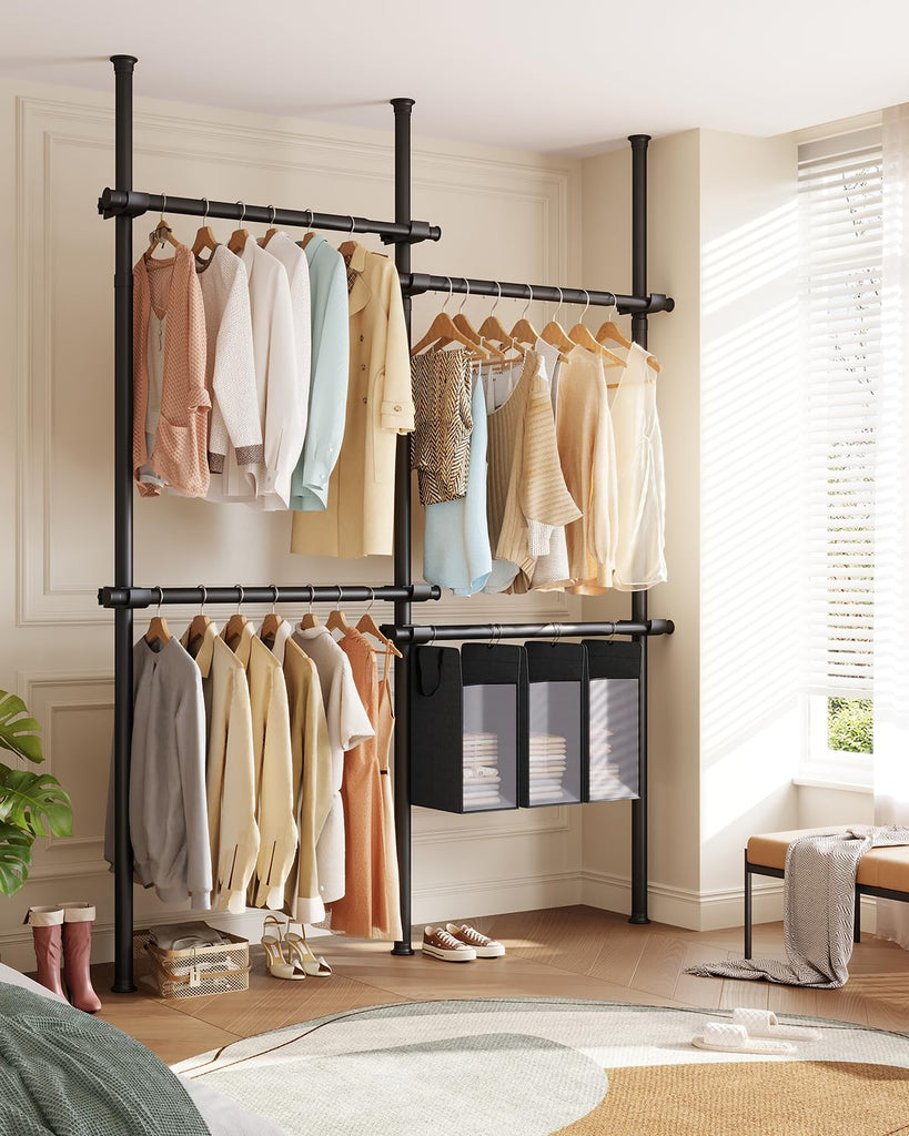 Floor-to-Ceiling Clothes Rack with 3 Laundry Hampers, Heavy-Duty Adjustable Closet Organizer, Modular Wardrobe
