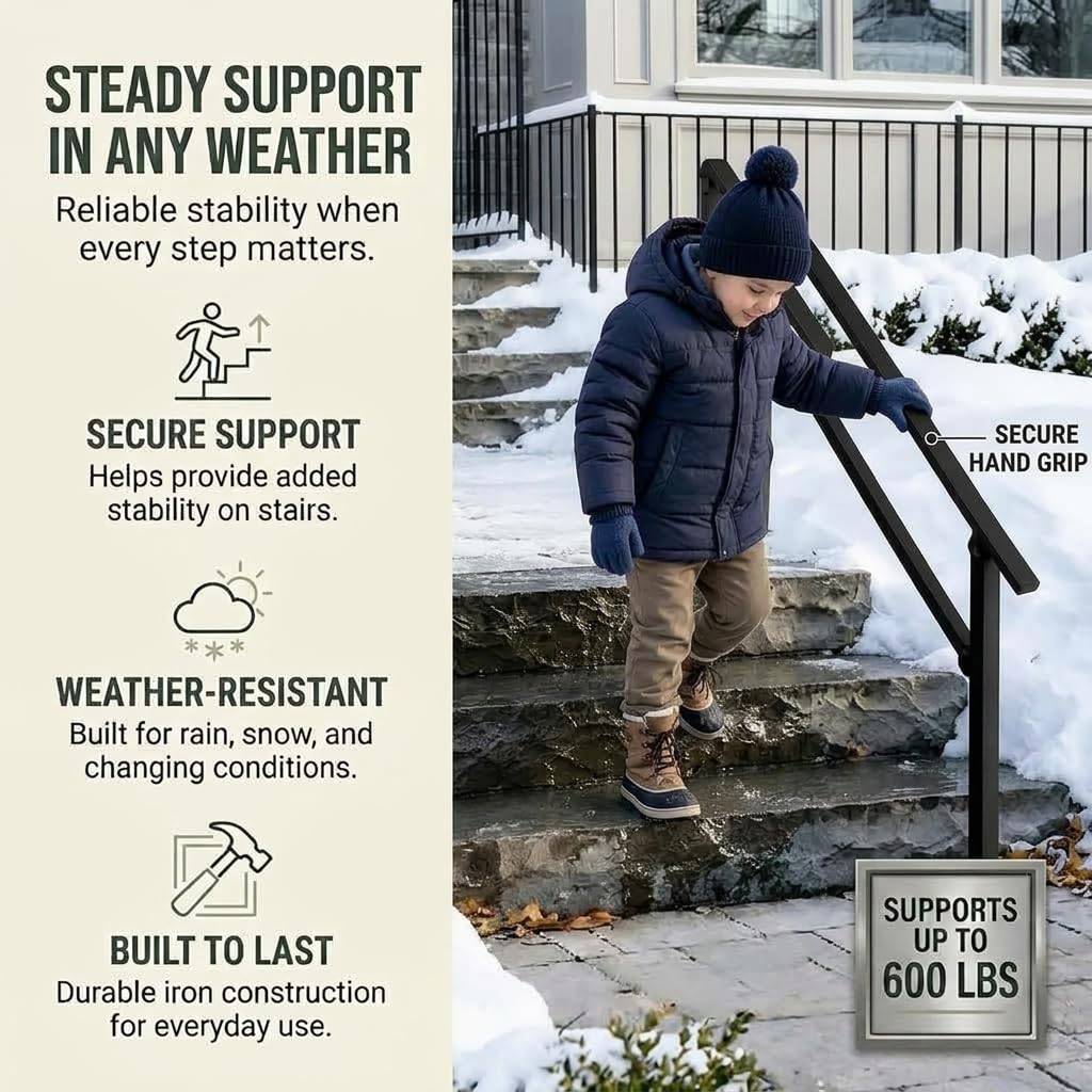 4 Step Hand Rail for Outdoor Steps, 1-Pack Metal Stair Railing Kit