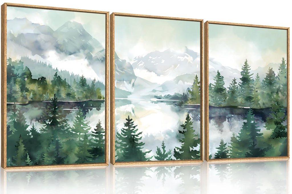 Watercolor Mountain Forest Framed Canvas Wall Art Set-16"x24"x3