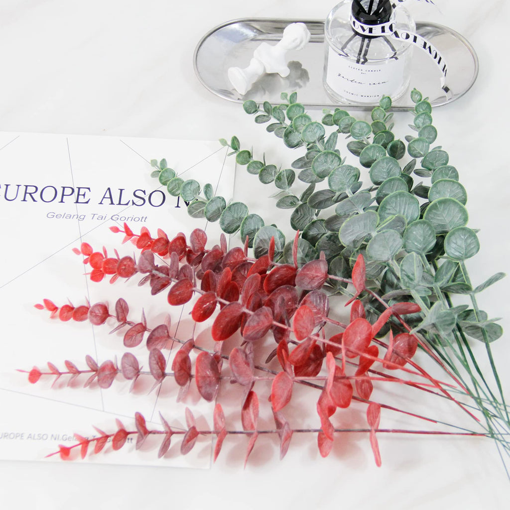 Real Touch Leaf Artificial Eucalyptus Stem Faux Eucalyptuses Wedding Bouquet Centerpiece Home Decor (26, Red)