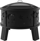 26" Outdoor Fire Pit with Grill & Mesh Cover, Wood Burning Steel Firepit with Poker & Star Spark Screen, Heavy Duty Patio Fire Bowl for Backyard - Image 7