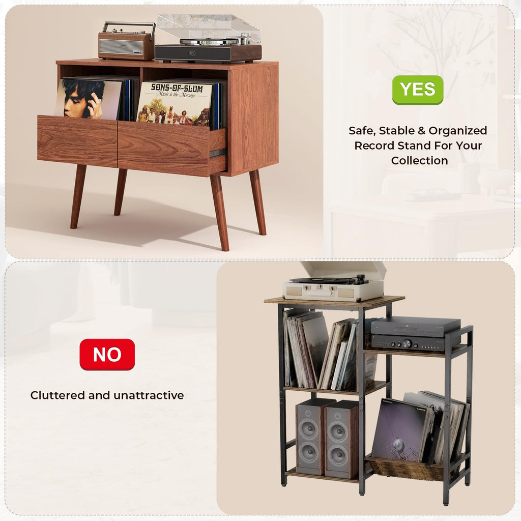Mid Century Modern Record Player Stand with Vinyl Storage, Brown