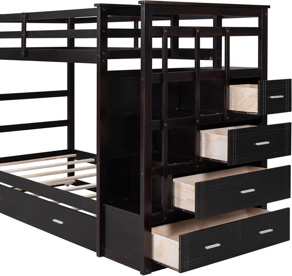 Twin Over Twin Bunk Bed with Stairs and Trundle, Wooden Bunk Bed Frame with Storage Staircase, Espresso