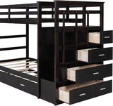 Twin Over Twin Bunk Bed with Stairs and Trundle, Wooden Bunk Bed Frame with Storage Staircase, Espresso