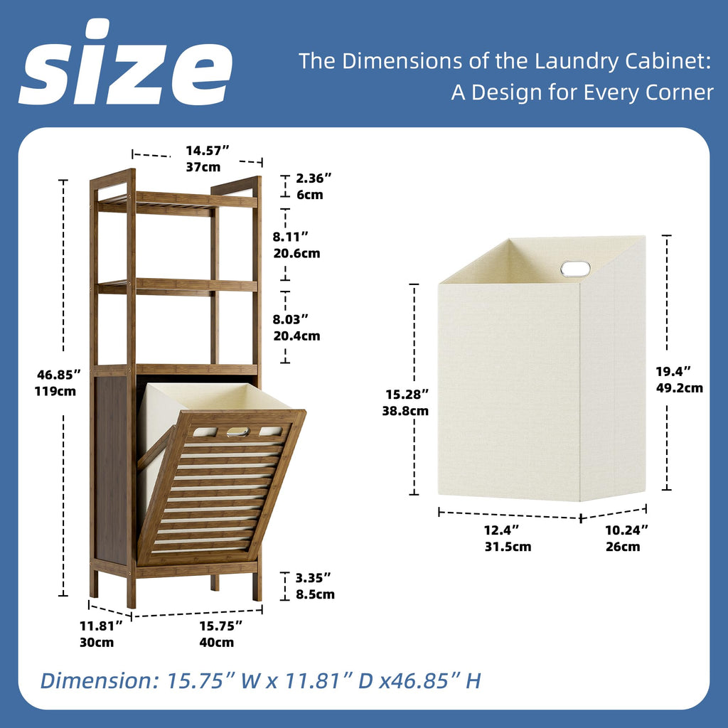 Bamboo Tilt Out Laundry Hamper, Bathroom Storage Cabinet with Hidden Removable Basket and 3 Open Shelves, Space