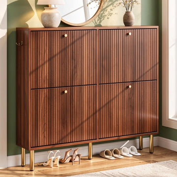 Shoe Storage Cabinet - 4 Flip Drawers Shoe Cabinet with Tiered Fluted Design - Slim Shoe Storage Rack with Gold Legs