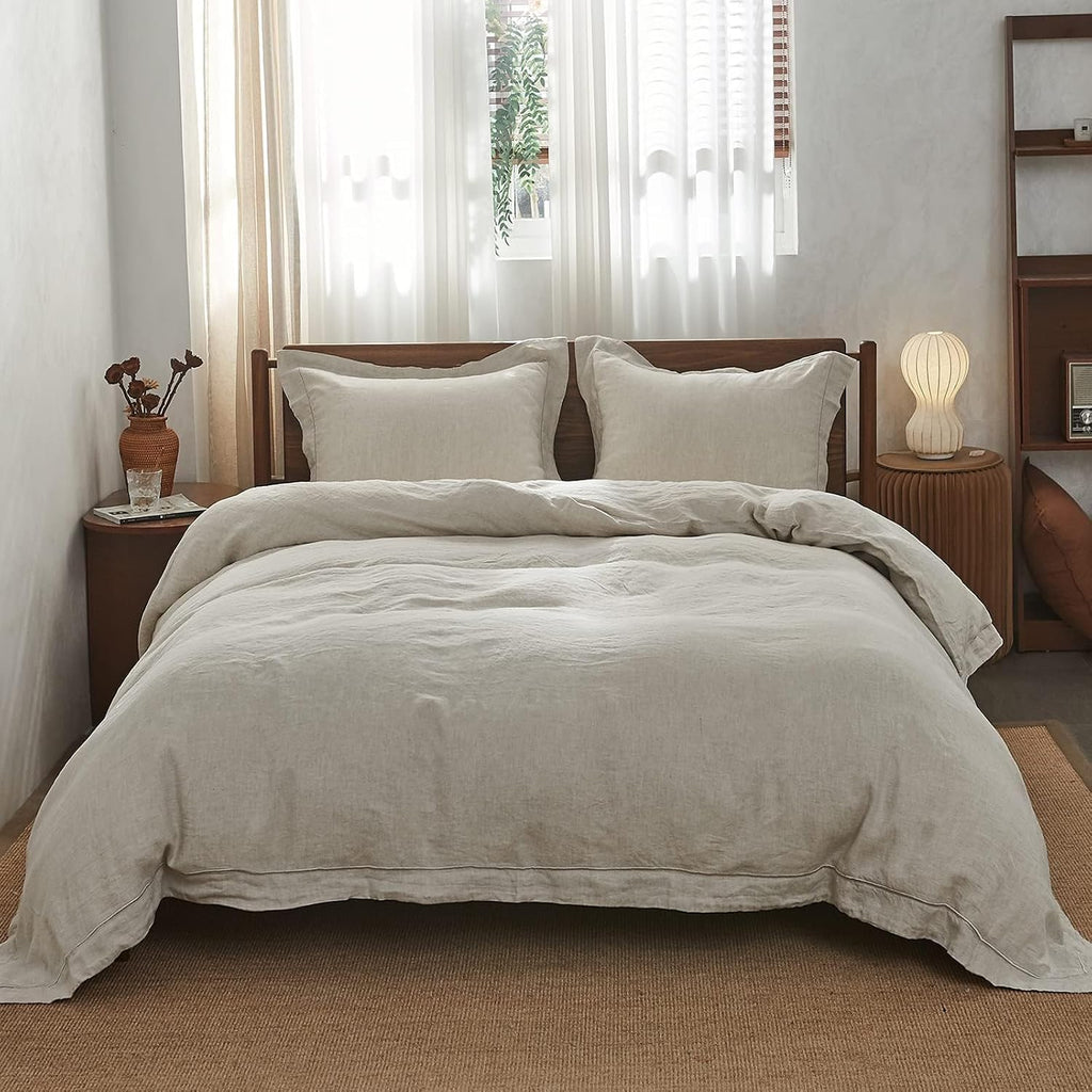 100% Linen Duvet Cover Set with Embroidery Border Washed - 3 Pieces (1 Duvet Cover with 2 Pillow Shams) with Button