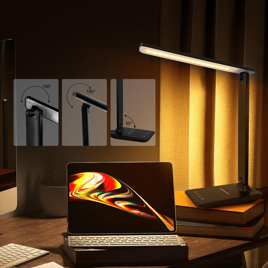 Crown LED Desk Lamp with 15W Wireless Charger & USB Port, Dimmable Table Lamp with 5 Lighting Modes, Sensitive Touch