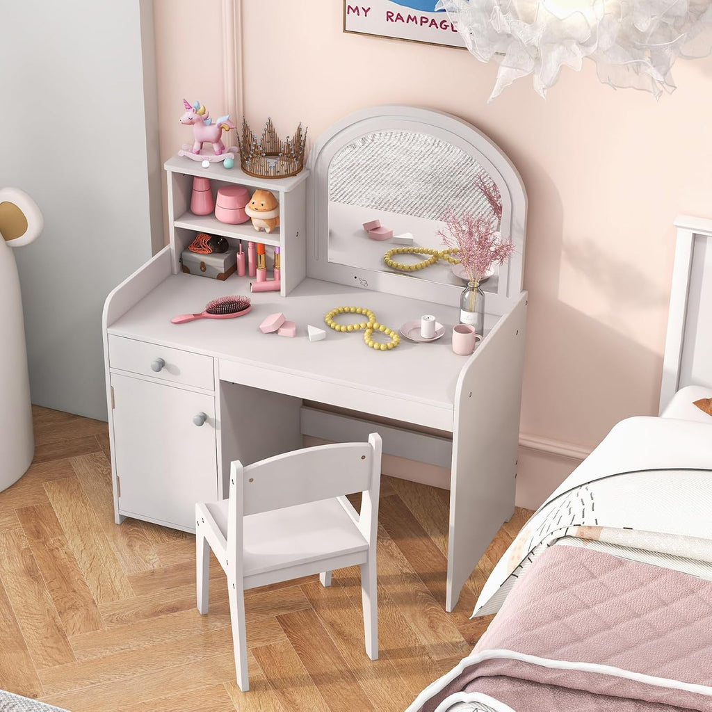 Kids Vanity Table and Chair Set with LED Lighted Mirror (White)