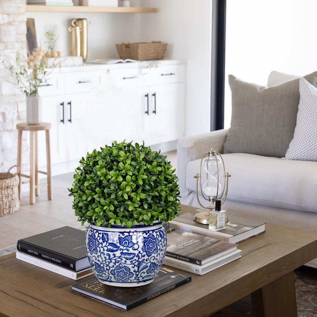 Artificial Topiary Boxwood Ball in Blue and White Ceramic Pot, 10 Inch Artificial Boxwood in Planters Decorative Fake