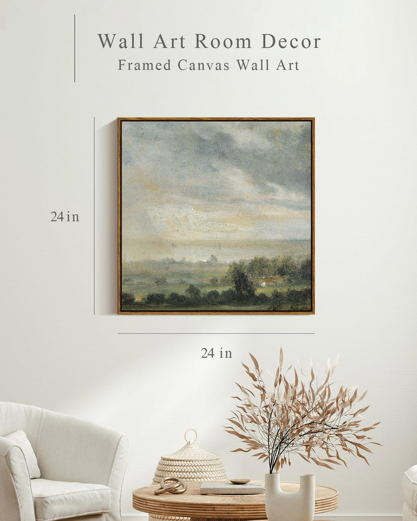 Square Framed Canvas Wall Art, Landscape Scenery Sky Cloud Grassland Canvas Oil Paintings Home Decor, Wall Art Prints