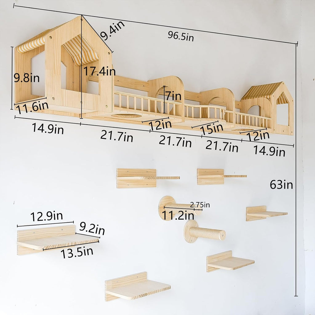 Cat Wall Shelves and Furniture Set with Condos, Perches, Bridge Ladders, Sisal Scratching Posts - Steps and Houses