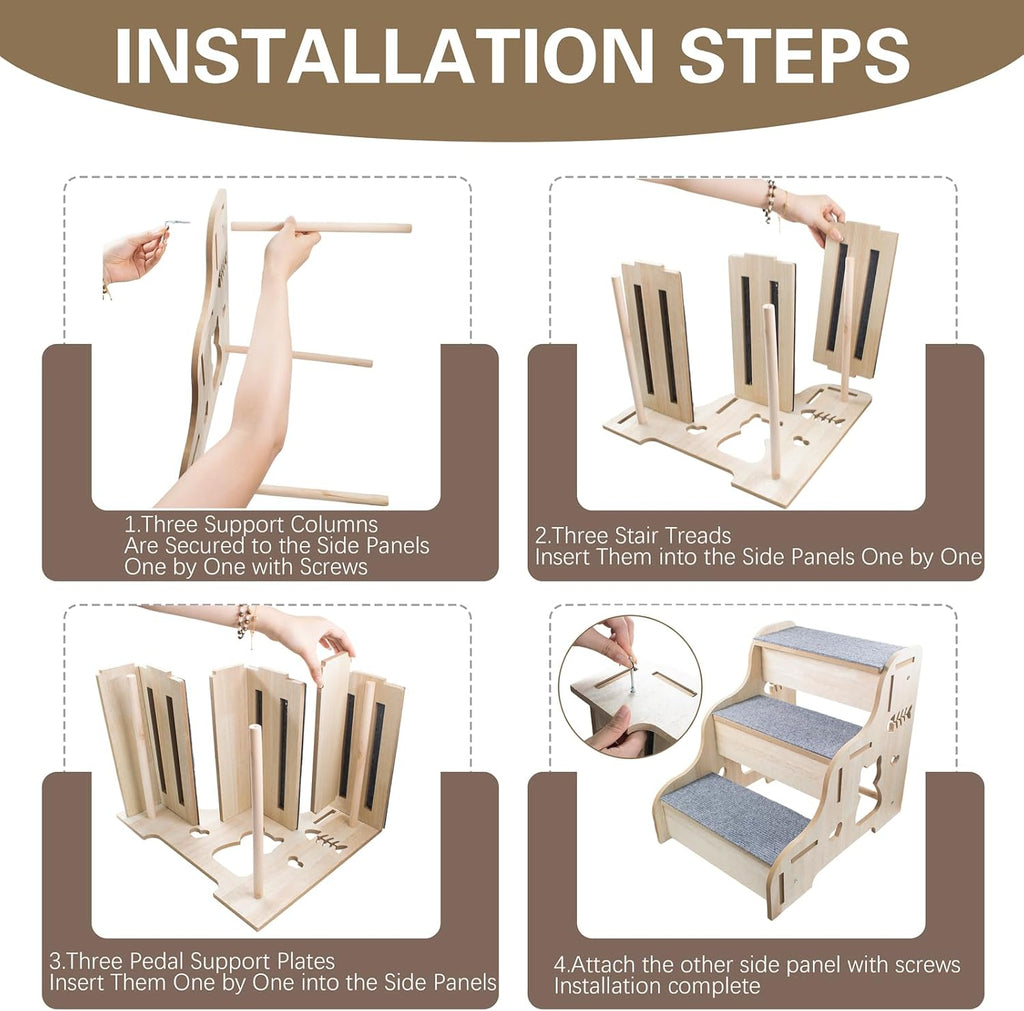 3-Step Wooden Dog Stairs for Bed, Sofa & Cars, Dog Stairs & Steps