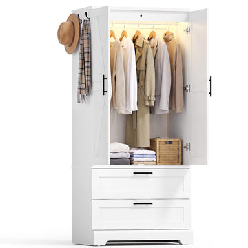 70.9" Wooden Armoire Wardrobe Closet with Sensor Light(White)