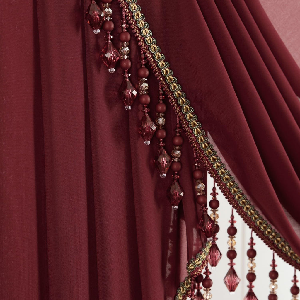 Burgundy Red Waterfall Curtains Valance, Soft Touch Silky Textured Voile Curtain Window Panels, 1 Piece Vintage