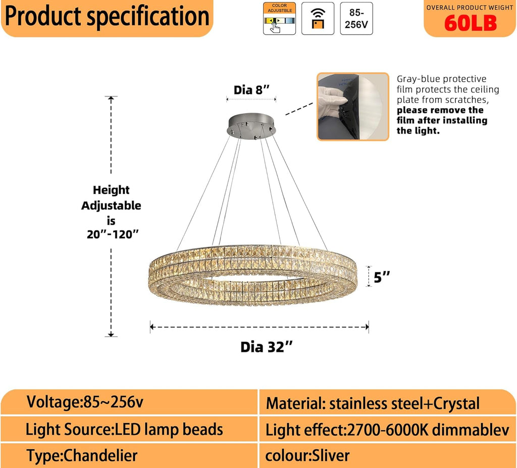 47.5 inch Large Ring Chandelier Round Crystal Chandelier Light Fixtures for Dining & Living Room Ring Pendant Hanging Ceiling Light Led Dimmable 2700k-6000k A122-B0C3V5Q871