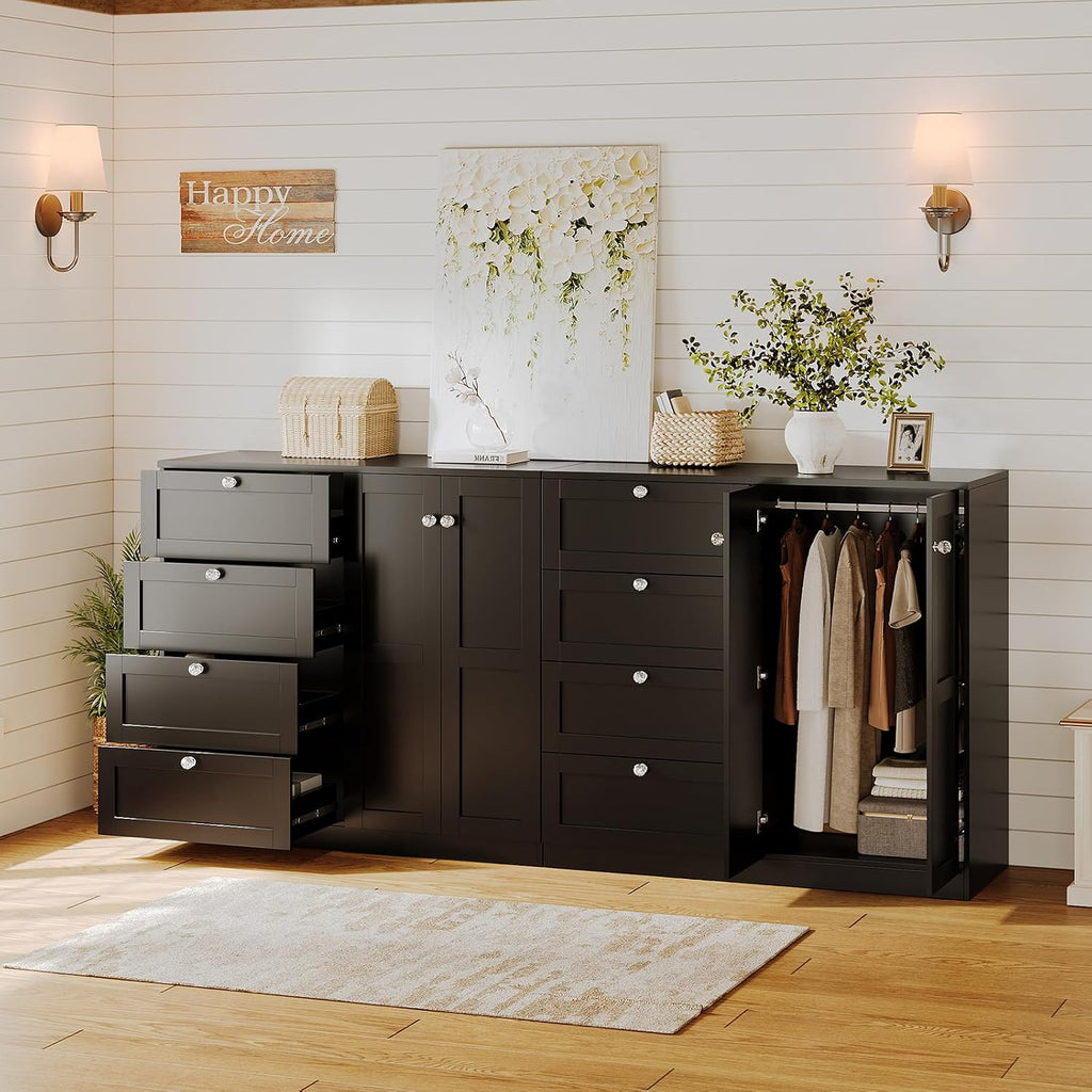 43''H Armoire Wardrobe Closet with 4 Drawers and 2 Doors | Small Clothing Storage Cabinet Dresser with Hanging Rod