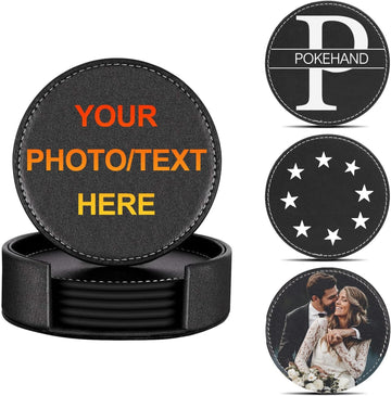 Personalized Coasters,Custom Leather Coaster for Drinks with Holder,DIY Customized with Name/Photo/Logo - Set of 6