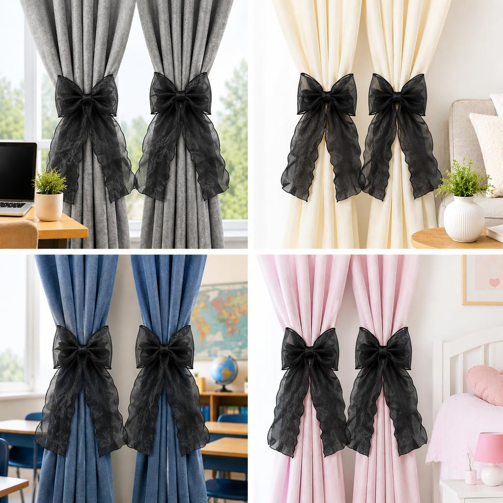Strong Magnetic Black Bow Curtain Tiebacks, Coqueta Lace Ribbon Curtain Holdbacks, Adjustable Drapery Clips - 2PCS