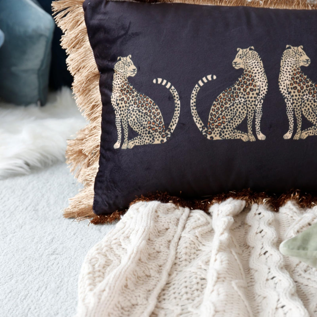 Lumbar Decorative Throw Pillow Cover with Tassels Leopard Pattern Cushion Cover Luxury Style Soft Velvet Pillowcase