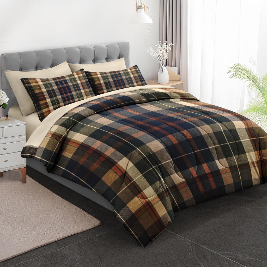 Comforter Set, 5 Pieces Plaid Tartan Bedding Set