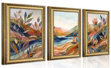 Gold Framed Abstract Landscape Wall Art Set of 3, Colorful Botanical Mountain Picture Wall Decor, Boho Nature Canvas