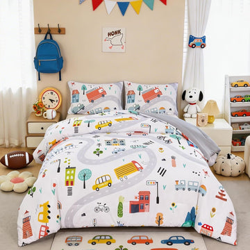 Comforter Sets for Boys 3-Piece Cartoon Cars Kids Bedding Sets Soft and Lightweight White Construction Comforter