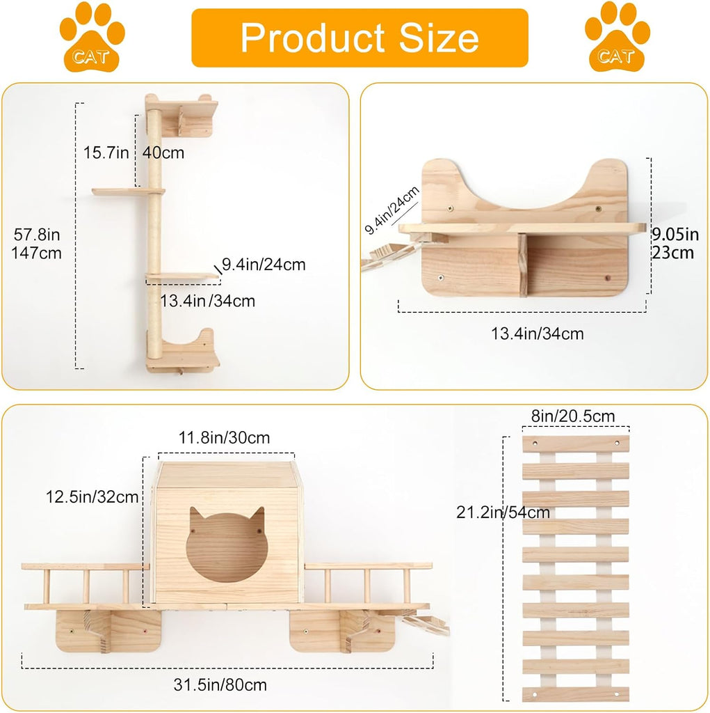 Cat Shelves for Wall - Cat Climbing Furniture Set for Large Cats with House, Bridge Ladder, 3 Scratching Posts & 5