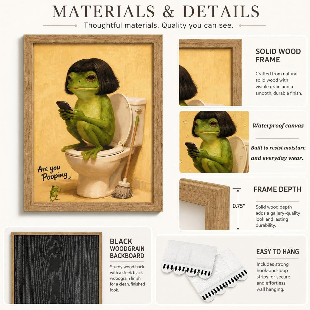 Framed Funny Bathroom Wall Art - Whimsical Retro Frog on Toilet Canvas Print, Humorous Animal Bathroom Decor - Easy