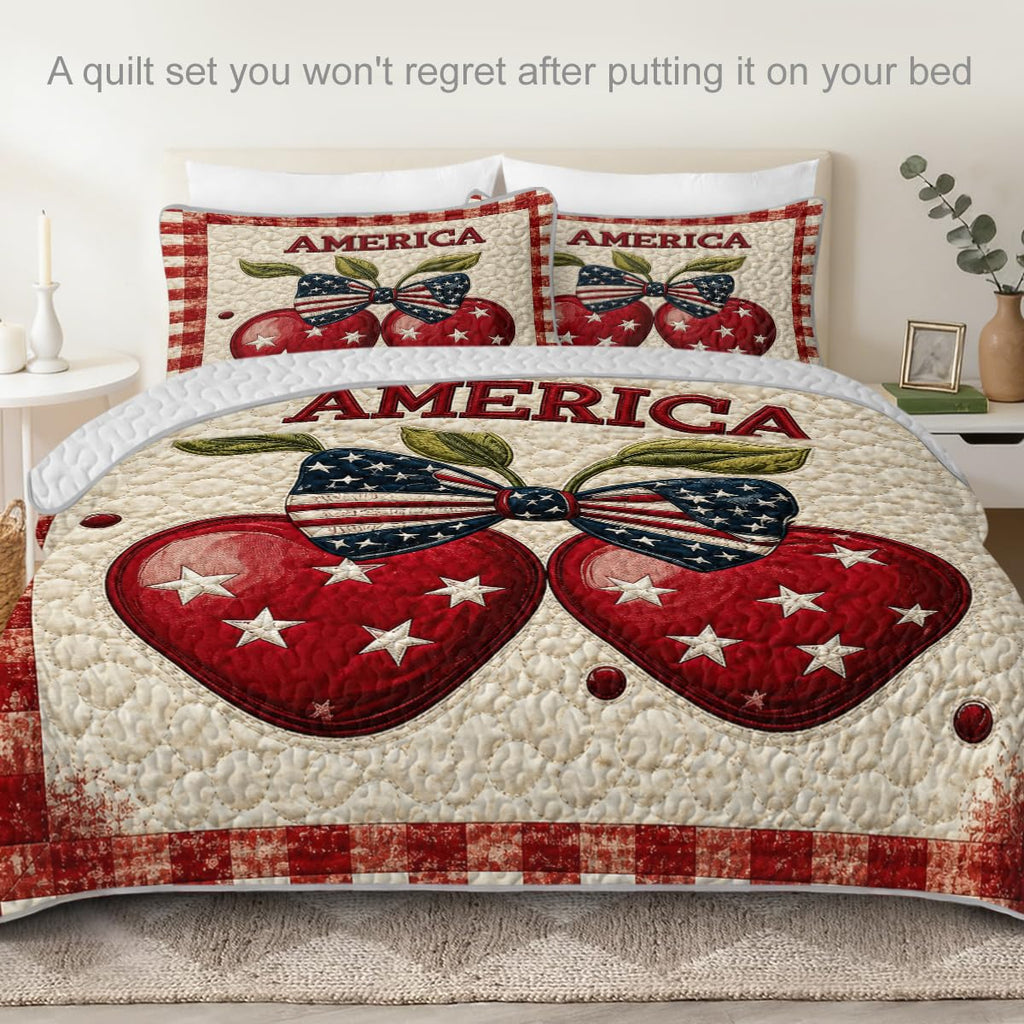 Patriotic Quilt Set with Americana Cherries and Gingham Border, Microfiber Lightweight Bedspread for Farmhouse