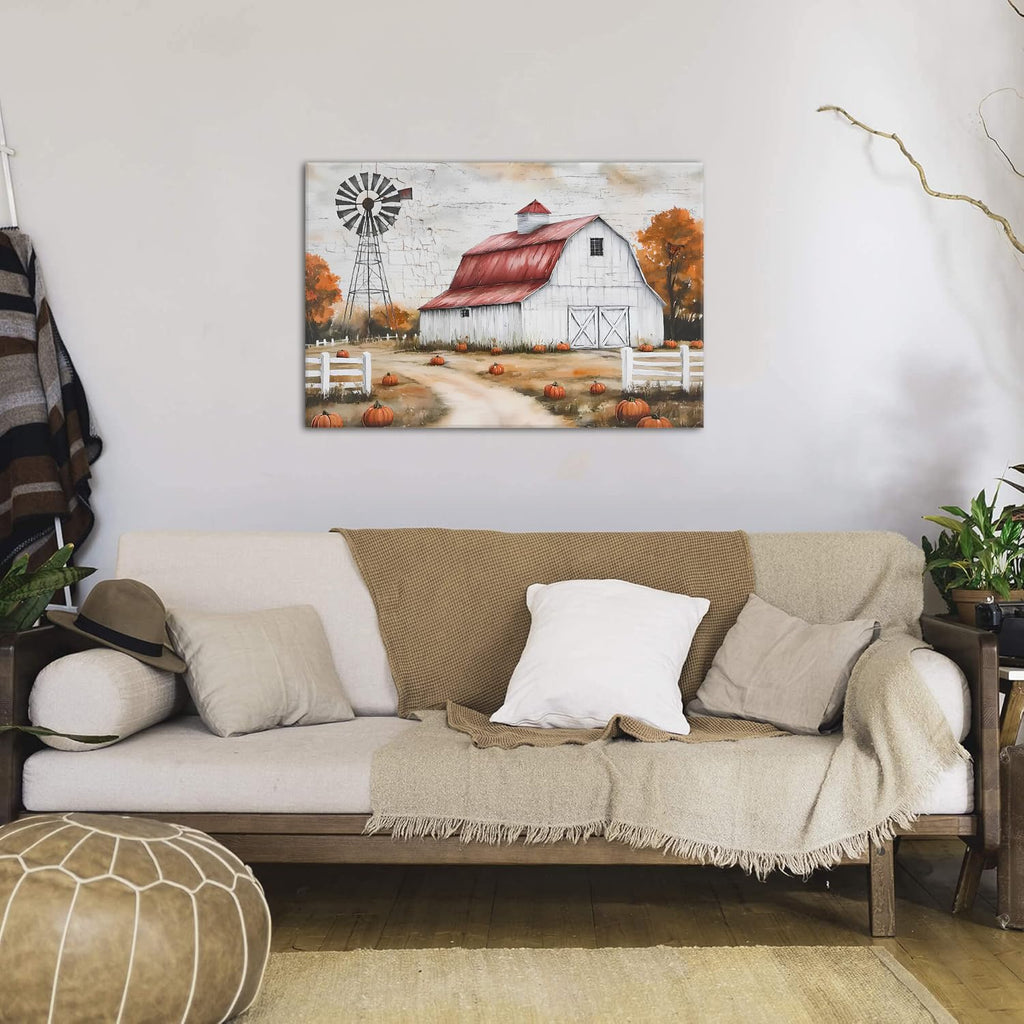 Country Autumn Landscape Canvas Wall Art Farmhouse Barn Windmill Pictures Wall Decor Kitchen Bedroom Fall Decorations