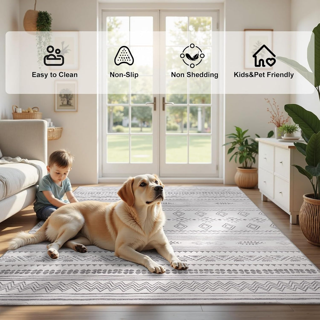 Boho Area Rug, Grey Washable Rugs with Non Slip Backing, Soft Geomtric Stain Resistant Moroccan Carpet Floor