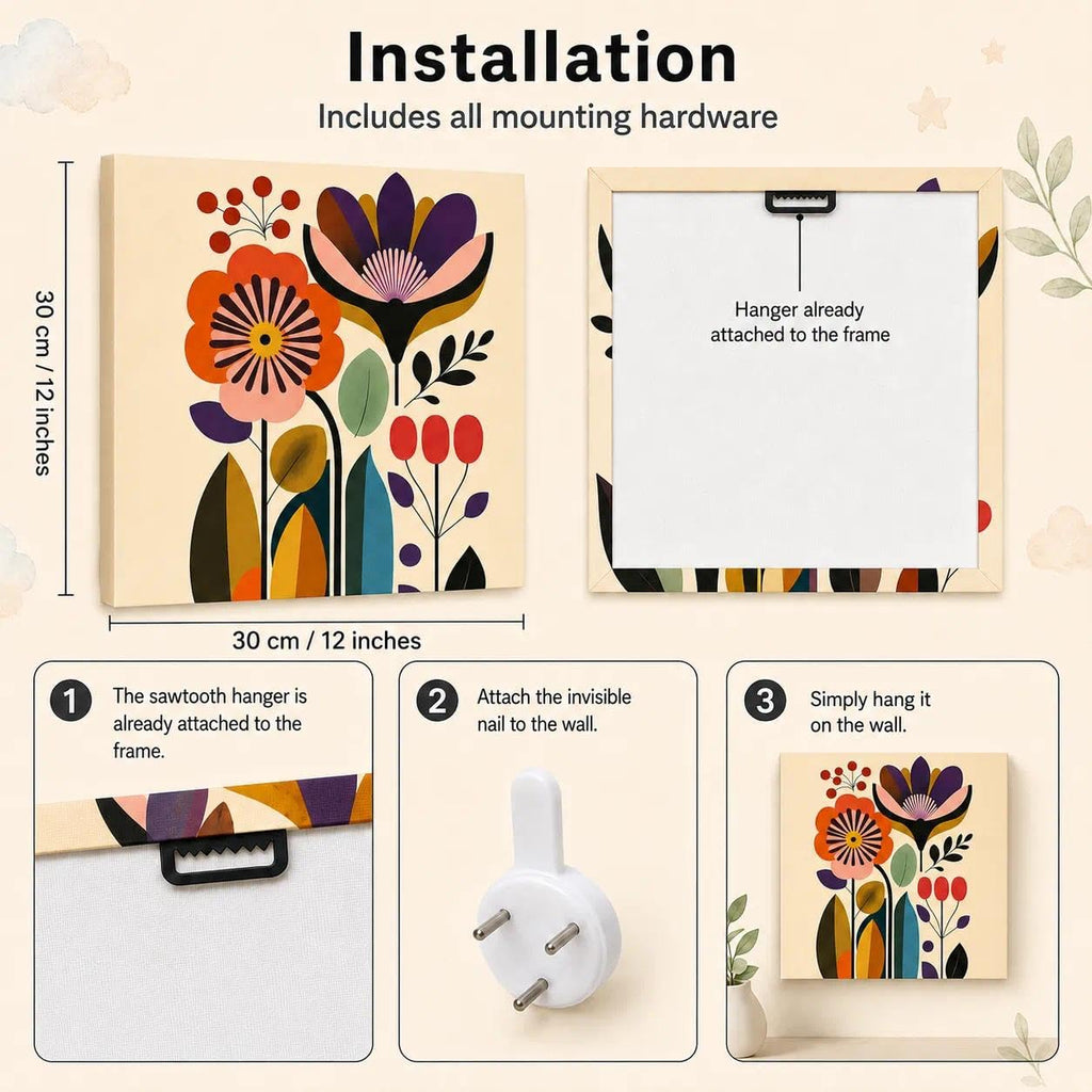 Mid Century Modern Floral Wall Art Set of 4, 12 x 12 Inch