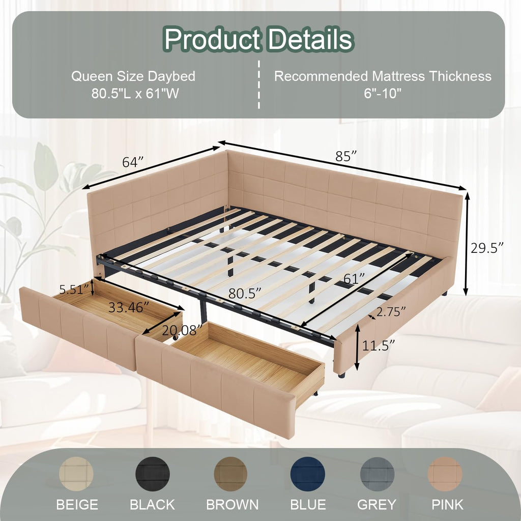 Queen Daybed with Storage Drawers, Modern Corner Tufted Velvet Upholstered Queen Size Sofa Day Bed Frame with Wooden