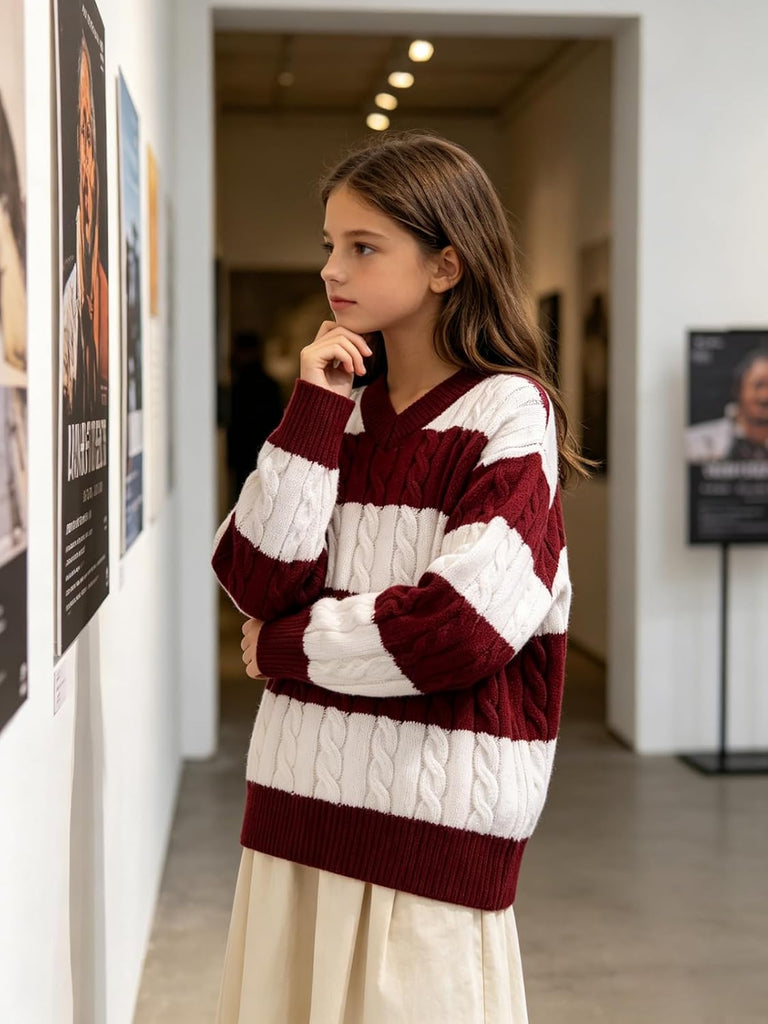 Vintage Striped Sweaters Long Sleeve V Neck Knit Pullover Tops